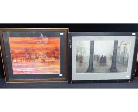 ARCHITECTURAL FANTASY Artist unknown, mixed medias, 52 x 45 cms, with Bath Abbey Square, Winter, artist unknown, oil on paper
