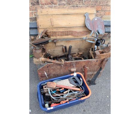 AN OLD PINE TOOL CHEST, AND VARIOUS TOOLS (worm to chest) and a home-made copper weather cock (lacking mounting spike)