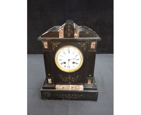 A VICTORIAN SLATE MANTEL CLOCK, WITH JAPY FRERES &amp; Cie MOVEMENT striking on a bell, the case with rouge marble inserts 38