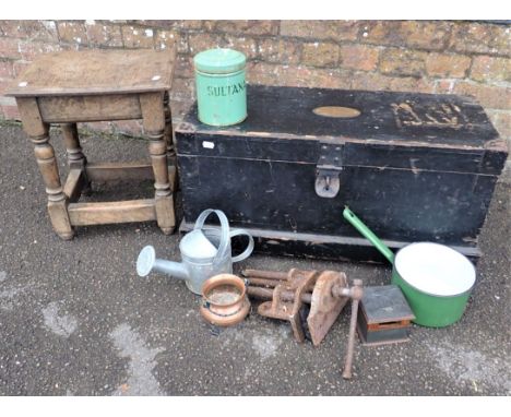 A WOODEN TOOL CHEST; 'TRAINING SCHOOL, EASTLEIGH' 72cm wide, containing a few sundries, and a joint stool