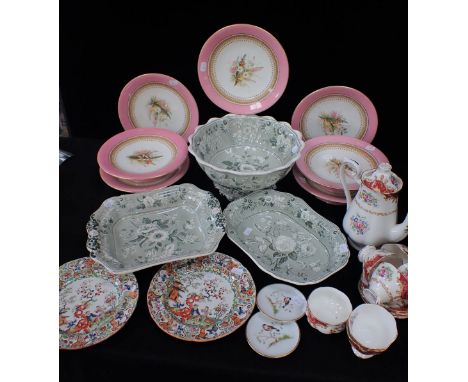 THREE 19TH CENTURY SPODE SERVING DISHES printed with a green floral transfer, two 19th century Chinoiserie transfer decorated