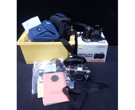 NIKON FG20 CAMERA WITH ACCESSORIES AND TWO TAMRON LENSES with a Nikon Coolpix 8800 camera, and various photography accessorie