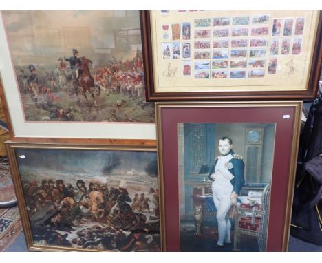 TWO COLOUR PRINTS OF THE BATTLE OF WATERLOO  a framed set of Will's cigarette cards of the same subject, and a colour print o