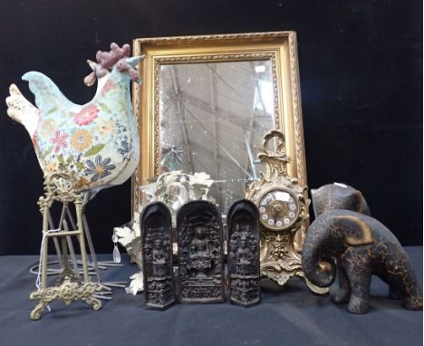 A COLLECTION OF DECORATIVE ITEMS including a Rococo style clock, metal birds, a gilt framed wall mirror and others