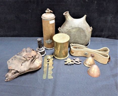 A FRENCH WWII MILITARY WATER BOTTLE and a WWI military British army boot relic