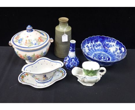 A QUIMPER POTTERY TUREEN, SAUCE BOAT, A VICTORIAN FLOW BLUE VASE a Japanese blue and white bowl, and a souvenir ware shaving 