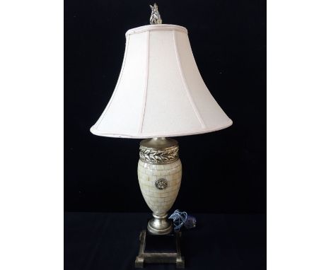 A TABLE LAMP, OF URN FORM with shade and acanthus terminal