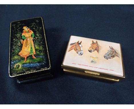 HORSE RACING INTEREST: A HALCYON DAYS ENAMEL BOX with Cheltenham Gold Cup Champions; 'See More Buisiness', 'Kauto Star', 'Den