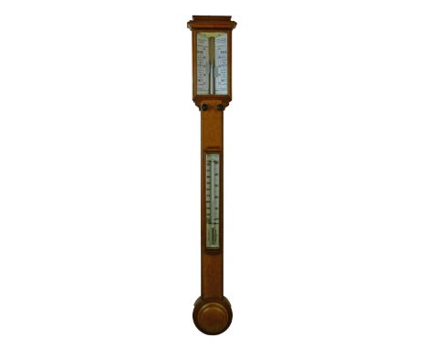 Late 19th Century oak stick barometer by R & J Beck of London, having angled Vernier scales and mercury thermometer, 96cm hig