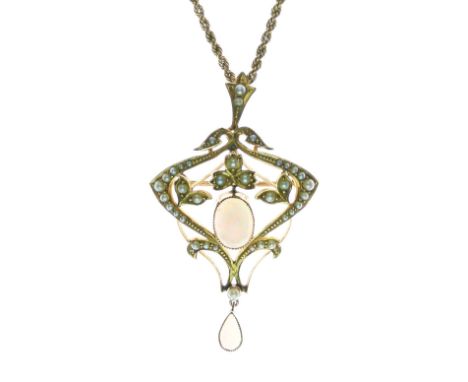 Edwardian opal and seed pearl pendant brooch, of Art Nouveau influence, stamped 15ct, set with a central opal and drop below,