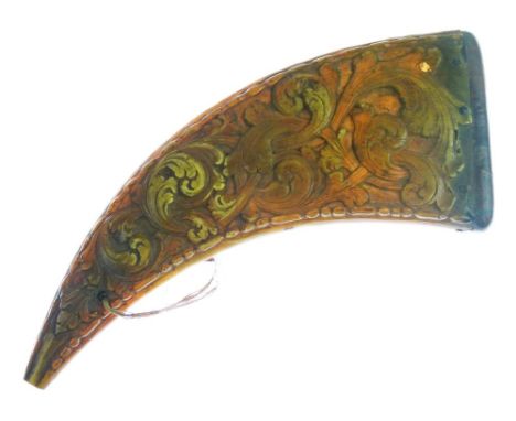 18th Century flattened carved cow-horn powder flask decorated with foliate scrolls, 27cm long  Condition: Being made from an 