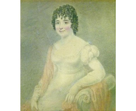 19th Century English School - Watercolour - Half length portrait of a seated lady, 16cm x 14cm  Condition: Slight discolourat