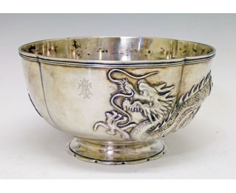 Late 19th/early 20th Century Chinese export silver bowl by Luen Wo of Shanghai continuously decorated with a single dragon in