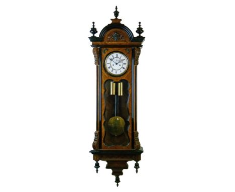 Late 19th Century walnut and ebonised cased Vienna style twin weight regulator wall clock, the white enamel dial with Roman n