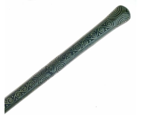 Hardwood walking stick having intricate pique inlaid decoration, 88.5cm long  Condition: There is a 7cm split near the end of