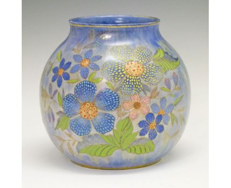 Rare Carlton Ware prototype vase designed by Irene Pemberton and decorated with a 'jewelled' foliate design on a streaked blu