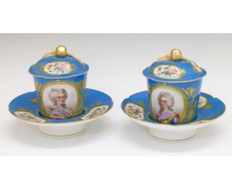 Pair of 19th Century Sevres style trembleuse chocolate cups and saucers, the cups with oval painted portrait reserves depicti