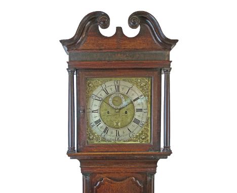George III oak longcase clock by Jeremiah Standring of Bolton, the hood with swan neck pediment, glazed door flanked by taper