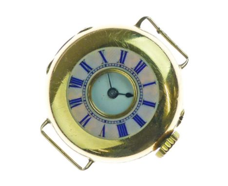 Lady's 18ct gold half hunter design watch head, the outer cover with Roman numerals in blue enamel on a pink enamel ground, t