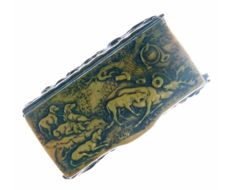19th Century pressed antler snuff box decorated with a dead stag and hunting dogs, 8.5cm long  Condition: The edges have loss