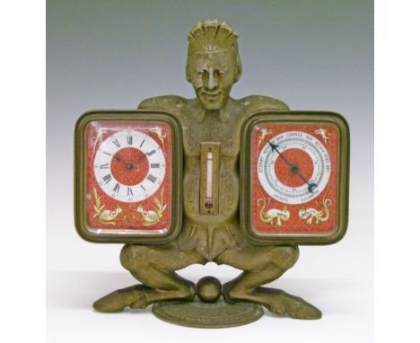 Late 19th/early 20th Century spelter cased combined mantel clock and barometer, the figural case formed as a Satyr like creat