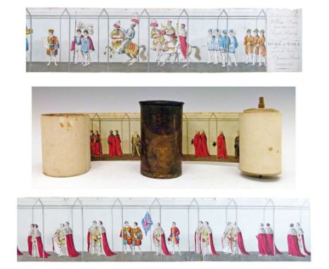 19th Century printed paper scroll commemorating the coronation of George IV, housed in a cylindrical wooden container decorat