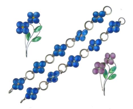 Bernard Instone - Collection of enamel jewellery, comprising: two flower head link bracelets and two flower spray brooches, t