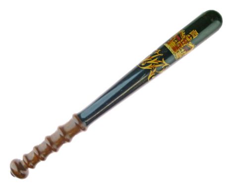 Victorian polychrome painted wooden police truncheon having a turned handle and bearing a crowned V.R. monogram, 39.5cm long 
