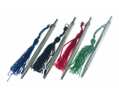 Set of four engine turned white metal ballpoint bridge pens, each having a coloured tassel, 8.75cm long, cased  Condition: **