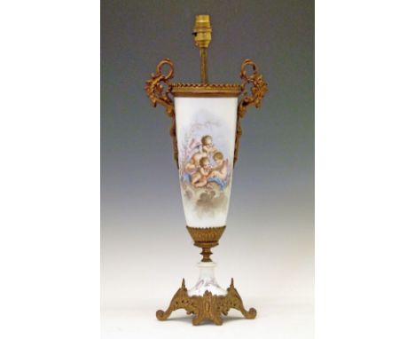 19th Century French ormolu mounted porcelain vase, now converted to a table lamp, having painted decoration depicting cherubs