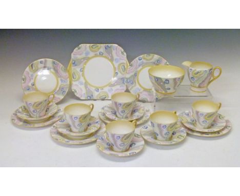 Shelley Oxford shape six person tea service decorated with Art Deco design stylised foliage in pastel shades, pattern number 