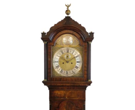 George III mahogany longcase clock, the hood with moulded pediment, arch shaped glazed door flanked by reeded pillars, trunk 