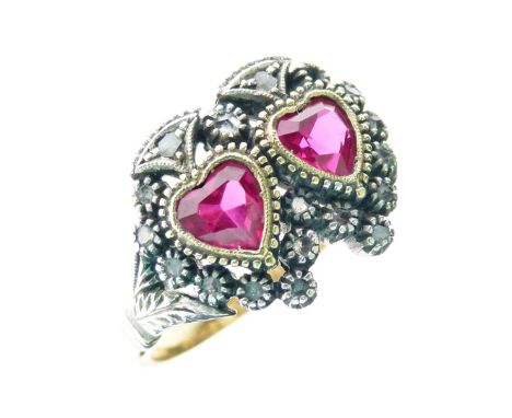 Synthetic ruby and rose diamond lovers hearts ring, size Q½, 5.4g gross  Condition: Width of head approximately 15mm x 13mm -