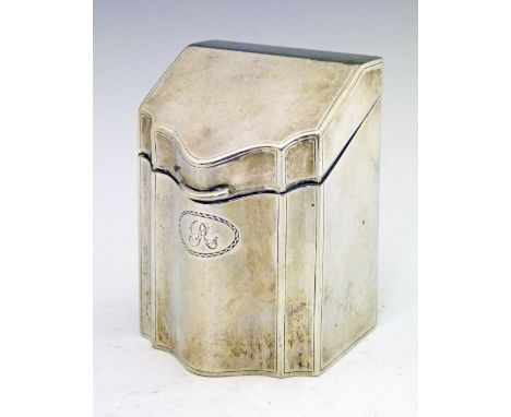 Edward VII silver tea caddy in the form of a knife box, having a sloping hinged cover, makers Thomas Bradbury & Sons, Sheffie