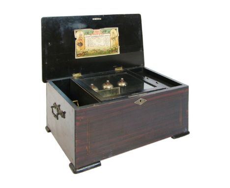 19th Century inlaid rosewood and simulated rosewood cased eight air musical box having a 6" cylinder playing on three bells, 