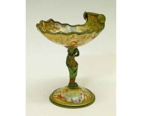 19th Century Continental porcelain, enamel and white metal miniature tazza, the bowl formed as a scallop shell, figural colum