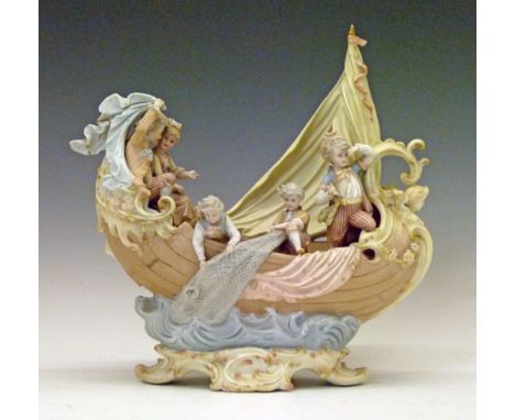 19th Century Plaue-On-Havel bisque porcelain figural bowl formed as five gaily dressed children in a stylised fishing boat, 3