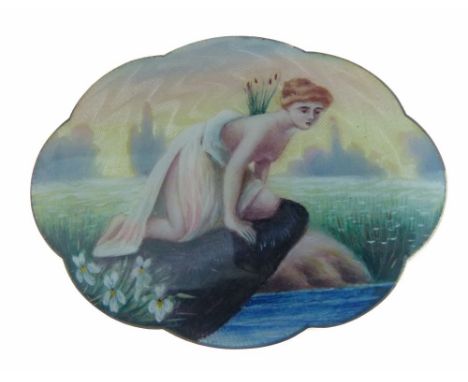 Enamel brooch, stamped 'G.G. 925 S N.M.', of long octafoil outline, depicting a classical maiden gazing into a pool, 6.4cm x 