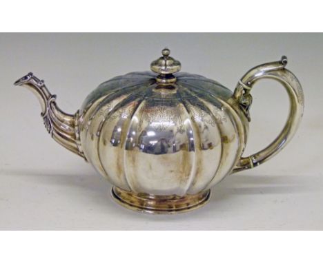 Victorian engraved silver teapot of lobed melon form, maker Walter Morrisse, London 1842, 14cm high, 25.7oz approx Condition: