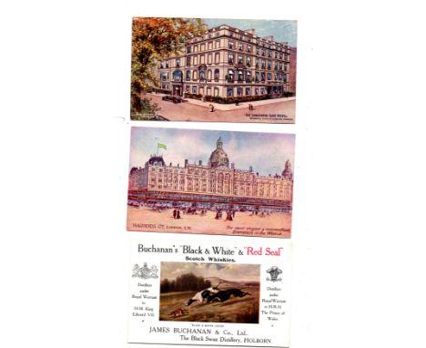  Advertising cards, Harrods, Lancaster Gate Hotel & Buchanan’s Whisky                                             