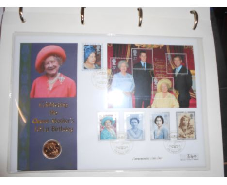 Queen Mother Luxury coin cvr collection, Westminster 10 cvrs incl 2 x UK gold sovereigns 2000 &amp; 2001, silver £1proof plus