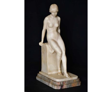 ARNOLDUS FERMONT (Dutch, 1854-1890); a late 19th century alabaster figure of a nude female leaning on a pillar, signed verso,