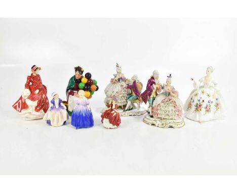 ROYAL DOULTON; six figures comprising HN3207 'Louise', HN1315 'The Old Balloon Seller', HN1370 'Marie', HN3489 'Top o' the Hi