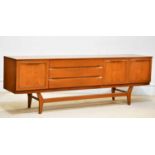 A mid century teak sideboard, with three cupboard doors and three drawers, height 72cm, width 216cm,