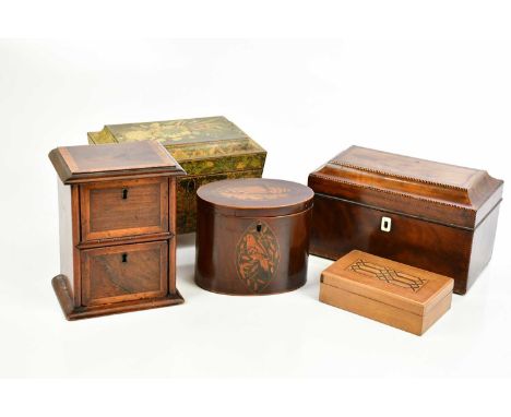 A 19th century mahogany tea caddy, the hinged lid enclosing three lidded compartments, width 23.5cm, a 19th century oval tea 