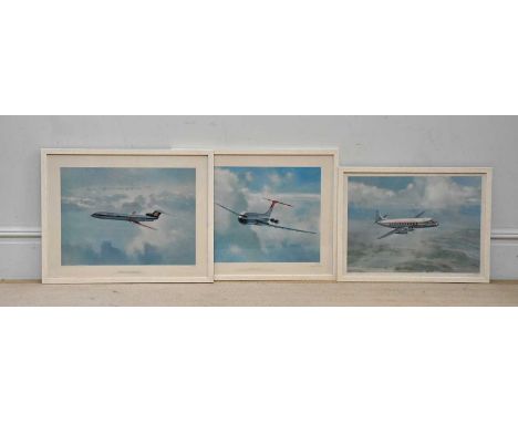 † EDMUND MILLER; three pencil signed limited edition prints, 'Hawker Siddeley Trident 3B', 'Vickers Super VC10' and further p