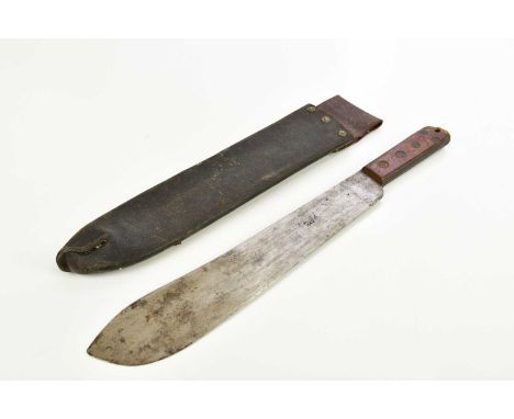 A WWII jungle machete, the blade inscribed 'JJB 1942' and bearing broad arrow, in leather scabbard, length 50cm.