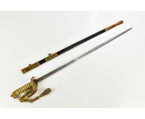 A George V WWI period 1897 pattern Naval Officer's sword with shagreen grip, with scabbard and outer case, with name T.P. Gil