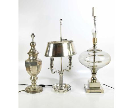 A contemporary silvered metal and glass bulbous table lamp, height including fitting 77cm and two further decorative table la