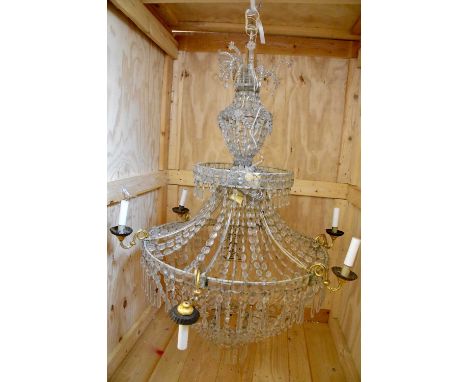 A decorative two-tier four branch chandelier with applied cut glass droplets, height 117cm.Condition Report: PLEASE NOTE THIS